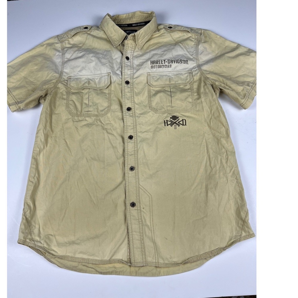 Harley-Davidson Biker Shirt Mens XL Short Sleeve Button‎ Up Military Style Tan